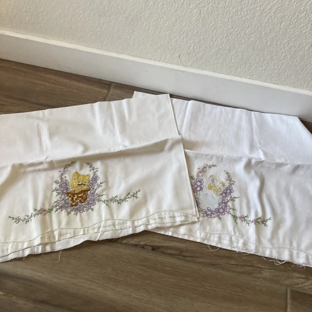 2 White Pillow Cases Embroidered Needle Cats In Baskets Pillowcases- Unfinished